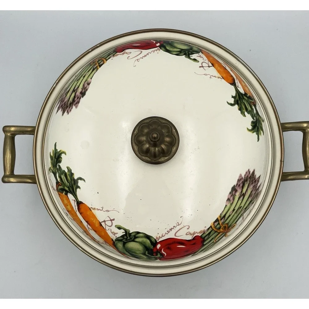 Vtg 3 Qt Farmers Market Enamel Ware Casserole Pot Brass Handles Vegetable Motif